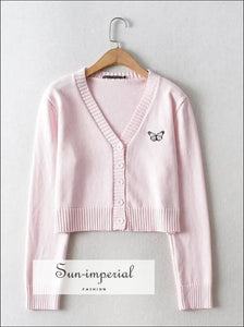 Pink V Neck Embroidery Butterfly Crop Knit Cardigan street style SUN-IMPERIAL United States