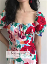 Pink - Women Square Neck Floral Print Mini Dress with Puff Sleeve