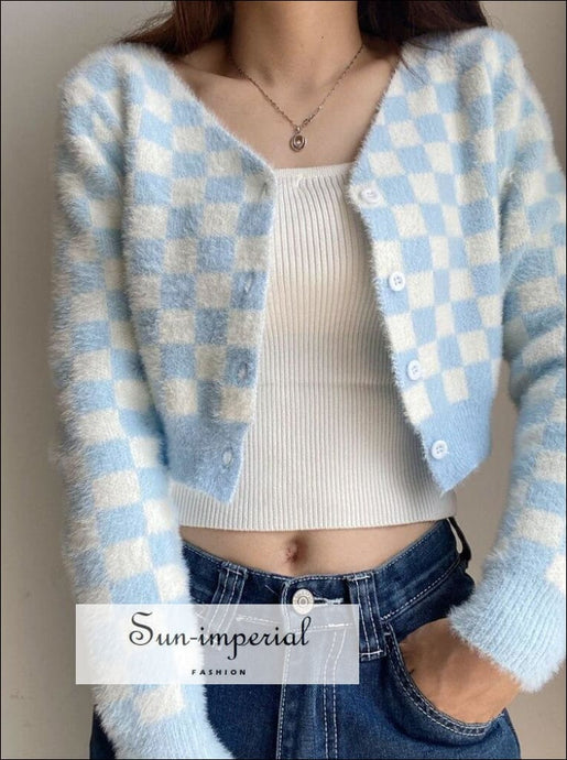 Pink Women V Neck Check Knit Cardigan Crop Plaid top SUN-IMPERIAL United States