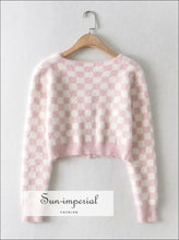 Pink Women V Neck Check Knit Cardigan Crop Plaid top SUN-IMPERIAL United States