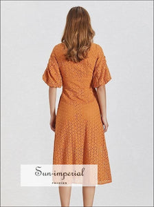 Pirat Dress- Vintage Lace Solid White and Orange Mini Dress V Neck Puff Sleeve High Waist Buttoned