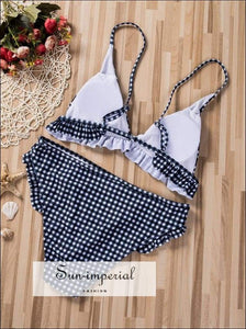 Plaid Bikini Set Blue&white Bathing Suits Swimwear Ruffles Push up Triangle Swimsuits