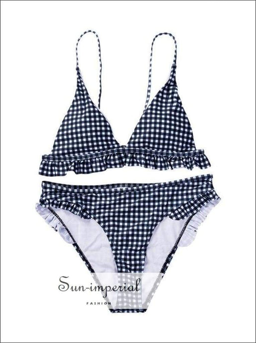 Plaid Bikini Set Blue&white Bathing Suits Swimwear Ruffles Push up Triangle Swimsuits