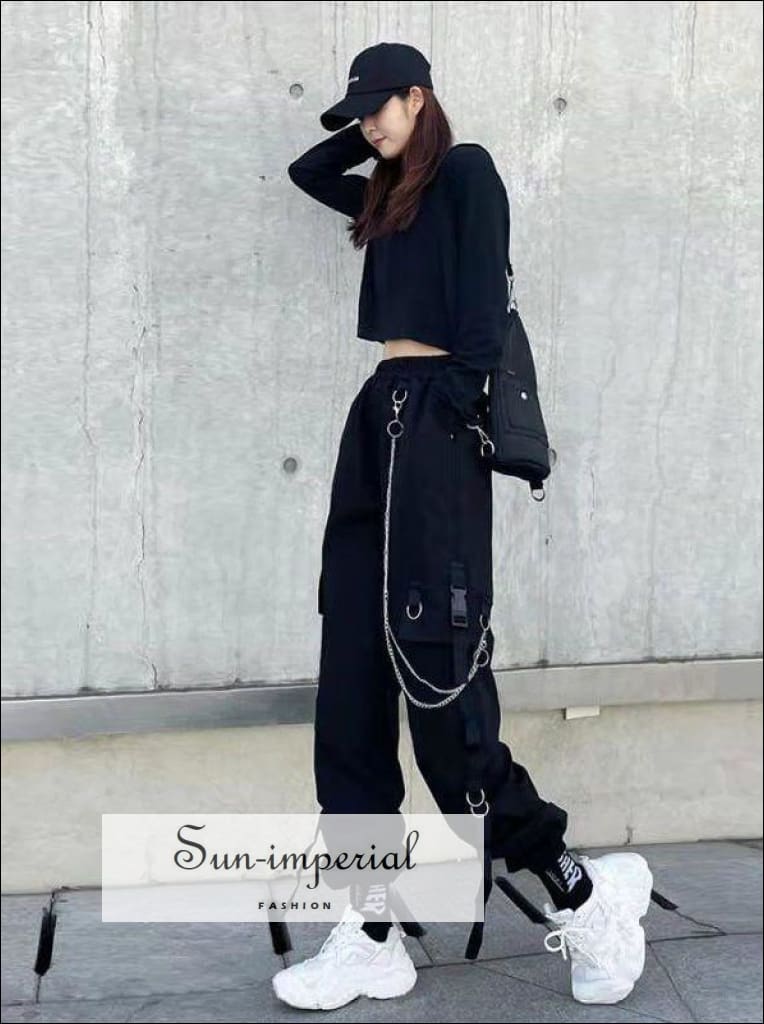 Sun-imperial - women's black cargo pants thin oversized trousers with  silver chain detail – Sun-Imperial