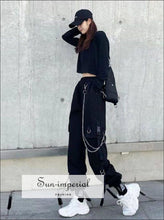 Women’s Black Cargo Pants Thin Oversized Trousers With Silver Chain Detail casual style, chick sexy harajuku Oversized, PUNK STYLE