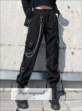 Women’s Black Cargo Pants Thin Oversized Trousers With Silver Chain Detail casual style, chick sexy harajuku Oversized, PUNK STYLE