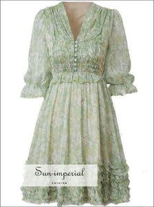 Presley Dress- Vintage Mint Green Floral Print 3/4 Flare Sleeve Ruffles Mini A-line Buttoned Dress