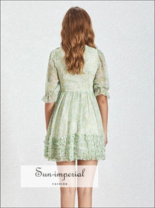 Presley Dress- Vintage Mint Green Floral Print 3/4 Flare Sleeve Ruffles Mini A-line Buttoned Dress