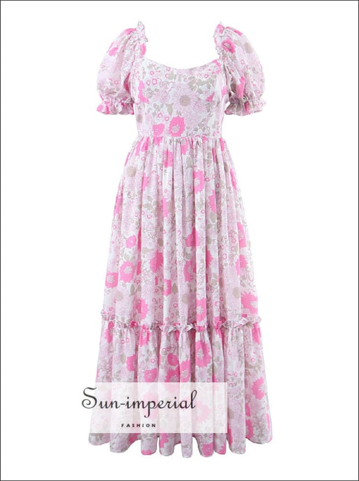 Pink Flower Print Princess Maxi Dress With Square Neck And Puff Short Sleeve Detail Sun-Imperial United States