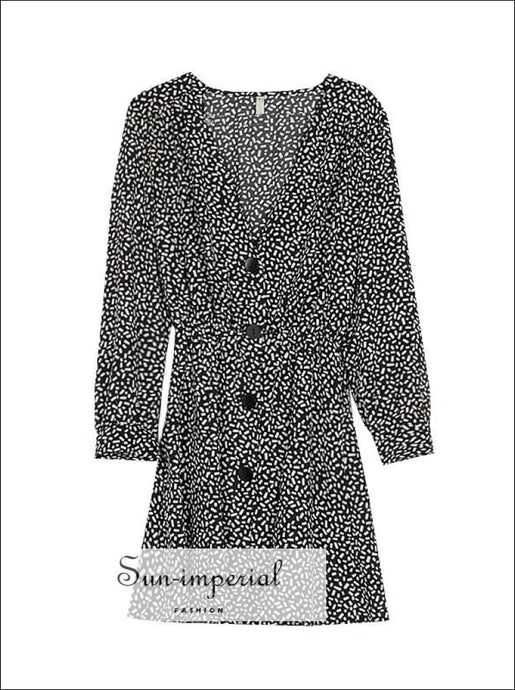 Printed V Neck Chiffon Dress Women Long Sleeve French Button front High Waist Mini Dress