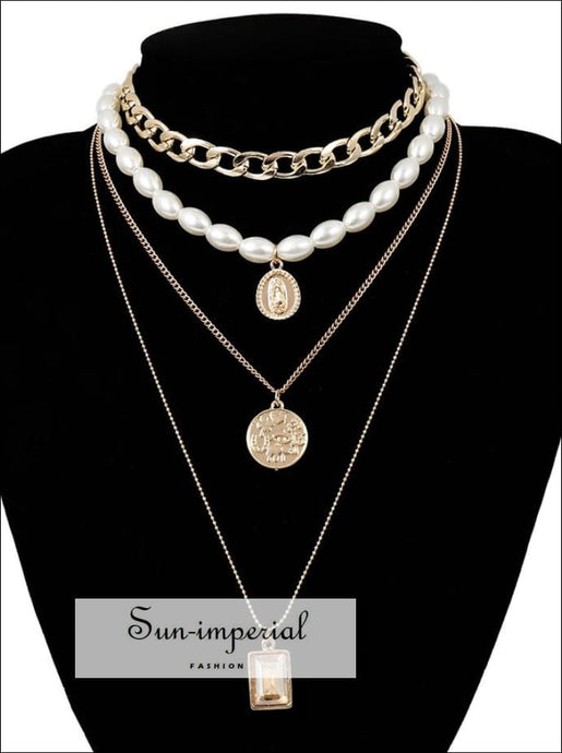 Punk Multi Layered Pearl Choker Necklace Collar Statement Virgin Mary Coin Crystal Pendant SUN-IMPERIAL United States