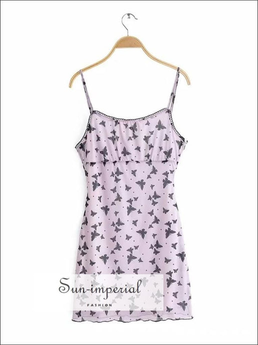 Purple Butterfly Print Bodycon Mesh Cami Mini Dress