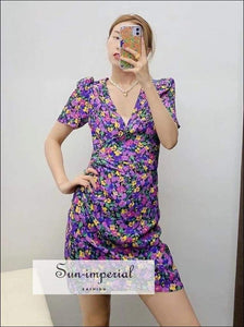 Purple Elegant Floral Print Wrap Short Sleeve Mini Dress with side Tie detail elegant style, party dress, vintage style SUN-IMPERIAL United 