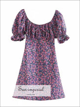 Purple Floral Mini Dress a Line Ruched Square Neck Frill Sleeve with Bowknot front