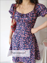 Purple Floral Mini Dress a Line Ruched Square Neck Frill Sleeve with Bowknot front