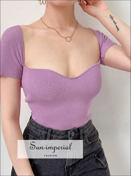 Purple Rib Knitted top Sweetheart Neck
