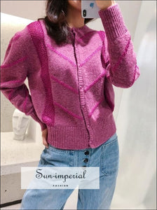 Purple Striped Women’s Mohair Sweater Knitted Long Sleeve Single Breasted Cardigan vintage style SUN-IMPERIAL United States