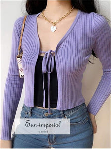 Purple Women Tie front Crop Rib Knit Cardigan