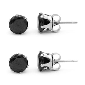 Stud Earring Set of 2 Black Round Cubic Zirconia Stainless Steel CZ Studs