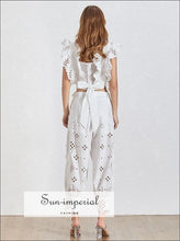 Sun-Imperial Rachel Pants Set - Vintage White Lace Two Piece Set Sleeveless top High Waist Ankle Length Pants