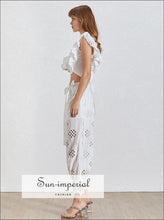 Sun-Imperial Rachel Pants Set - Vintage White Lace Two Piece Set Sleeveless top High Waist Ankle Length Pants