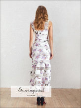 Rebecca Dress- White Floral Print Sleeveless Women Maxi Mermaid Dress High Waist, Off Shoulder, Sleeveless, Summer Print, vintage 