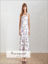 Rebecca Dress- White Floral Print Sleeveless Women Maxi Mermaid Dress High Waist, Off Shoulder, Sleeveless, Summer Print, vintage 