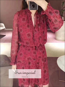 Red Floral Print Turtleneck Long Sleeve Mini Dress with Ruffle Decor Detailing on Neck and elegant style, vintage style SUN-IMPERIAL United 