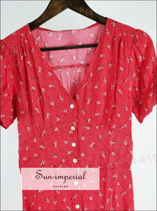 Red Floral Single Breasted Vintage Short Sleeve Midi Dress vintage style SUN-IMPERIAL United States