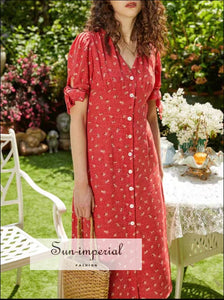 Red Floral Single Breasted Vintage Short Sleeve Midi Dress vintage style SUN-IMPERIAL United States