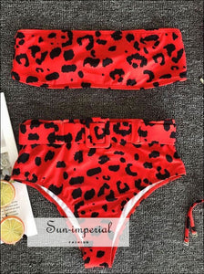 Red Leopard Print 2 Piece Bikini Tube Bandeau Strapless top and High Waist Belted bottom Blue bottom, Hot Pink piece bikini tube bandeau 