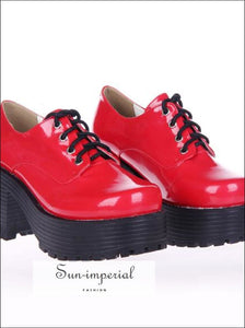 Red Punk Lace up Oxfords Vegan Leather with Short Block Heel and Chunky Treaded Soles casual style, harajuku SHOES, Preppy Style Clothes, 