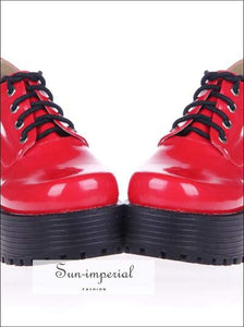 Red Punk Lace up Oxfords Vegan Leather with Short Block Heel and Chunky Treaded Soles casual style, harajuku SHOES, Preppy Style Clothes, 