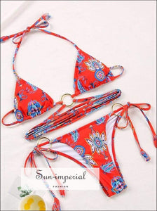 Red Tribal Print Wrap around String Triangle Bikini top & side Tie bottom Set Black Polka Dot SUN-IMPERIAL United States