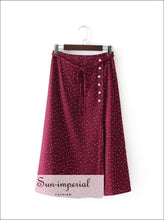 Red Vintage Boho Dot Print Midi Skirt Chiffon Button Slim ankle lenth skirt, Bohemian Style, dot, dot print, midid skirt SUN-IMPERIAL United