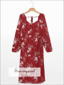 Red Vintage Long Sleeve Dress with Floral Print Ruched Bust Cut out back Tie Waist Midi chick sexy style, vintage style SUN-IMPERIAL United 
