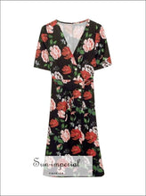 Red Warp Floral Print Midi Dress Short Sleeve V-neck Eu