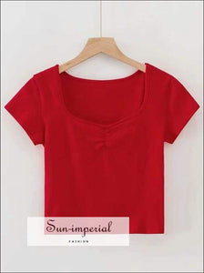 Red Women Casual Tee Ruched Crop top T Shirt