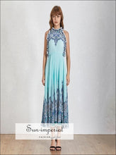 Reims Dress in Maxi -solid White Ans Blue Vintage Floral Print Maxi Dress Halter Ruffle Neck High