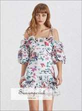 Remi Dress - Vintage off the Shoulder Tie Strap Lace 3/4 Sleeve Ruffle Mini Female Fashion, Off Shoulder, Puff Sleeve, Slash Neck, vintage 