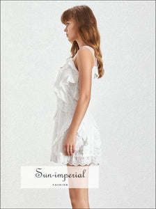 Renata Dress- White Mini Dress O Neck Sleeveless Lace Ruffles Decor Neck, Off Shoulder, Dresses, vintage, Women SUN-IMPERIAL United States