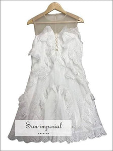 Renata Dress- White Mini Dress O Neck Sleeveless Lace Ruffles Decor Neck, Off Shoulder, Dresses, vintage, Women SUN-IMPERIAL United States
