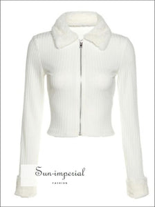 Women White Plush Faux Fur Collar And Cuff Knit Cropped Cardigan With Zipper Sun-Imperial United States