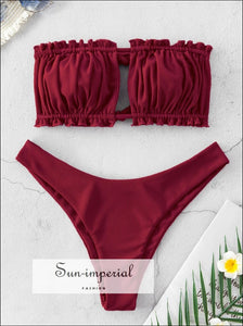 Ribbed Tie Cutout Bandeau Bikini Swimsuit - Red Wine