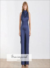 Riley Jumpsuit - Navy Blue Solid Halter Women's Jumpsuit Sleeveless High Waist Backless Lie back up