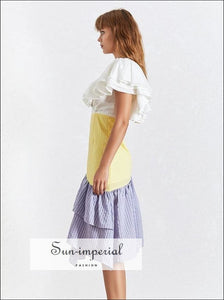 Rome Dress- Elegant Striped Women Dress V Neck Short Sleeve High Waist Ruffles Hit Color Midi Striped, Waist, Sleeve, Neck, vintage 