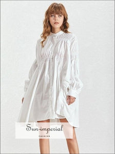 Ronda Dress- Solid Black and White Casual Midi Dress Stand Collar Puff Long Sleeve Buttoned Knee Length Dresses, Sleeve, Collar, Summer 