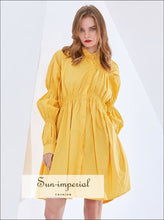 Ronda Dress- Yellow Mustard Casual Midi Dress Stand Collar Puff Long Sleeve Buttoned Black, collar, dress, fall outfit, High quality dress 