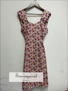 Rose Print Sleeveless Square Neck Waist Lace Tie Knee Length Dress vintage style SUN-IMPERIAL United States