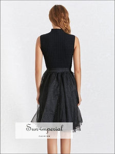 Rosen Dress - Beading Lace Decor Sleeveless High Waist Mesh Midi Patchwork, Waist, Sleeveless, Stand Collar, vintage SUN-IMPERIAL United 